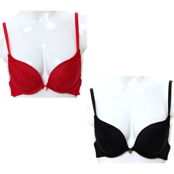 Ladies 2 Pack Double Push Plain Bra - Red/Black