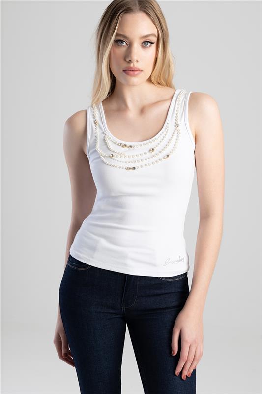 Vest With Neck Bling Tee - White