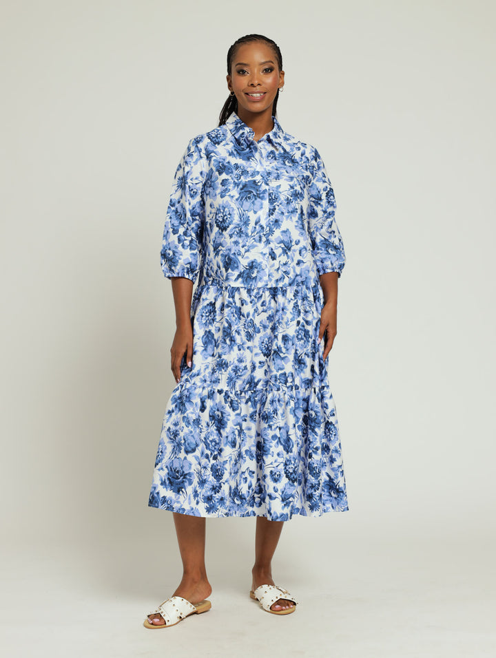 Tiered Button Down Shirt Dress - Blue