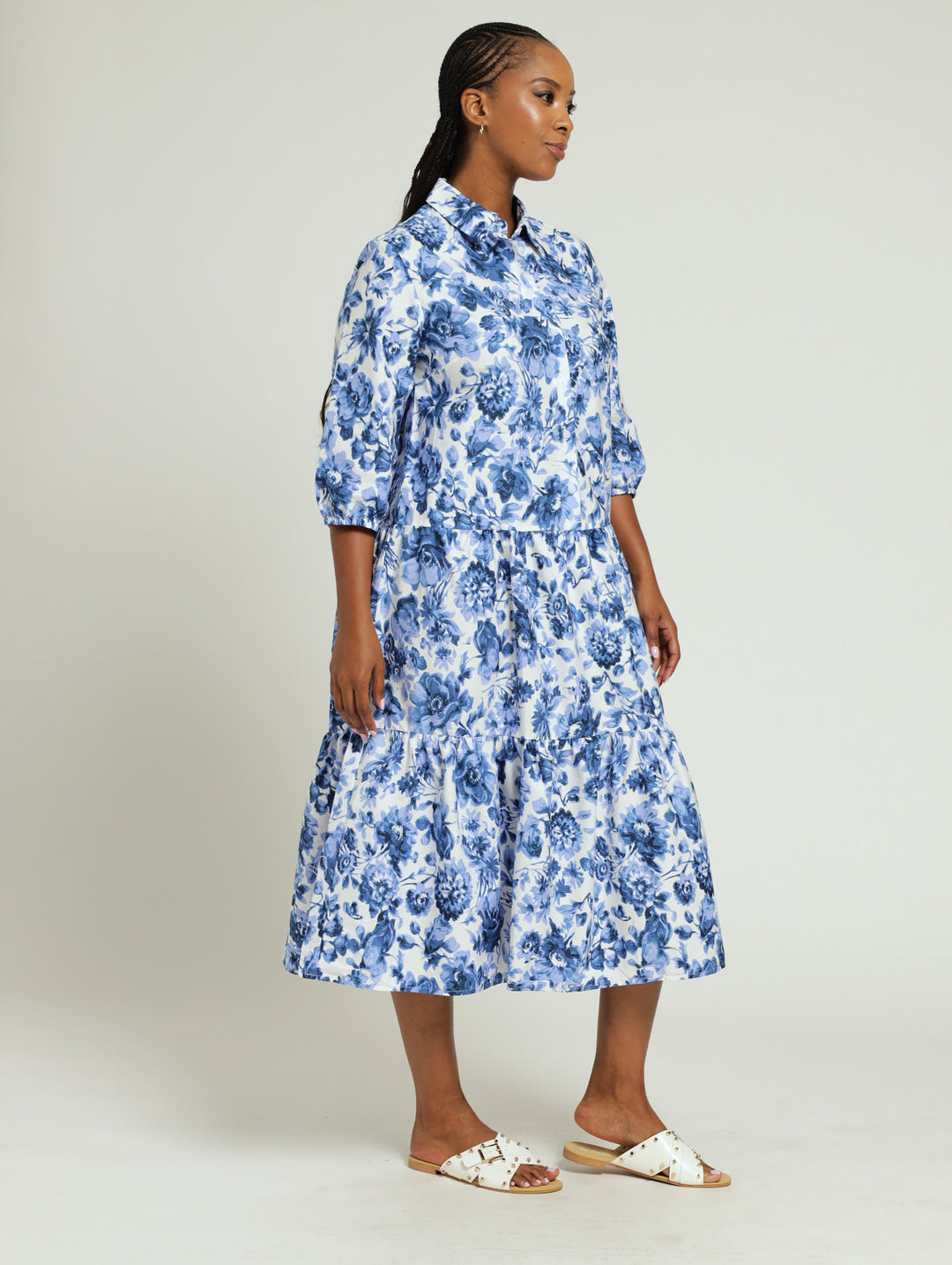 Tiered Button Down Shirt Dress - Blue