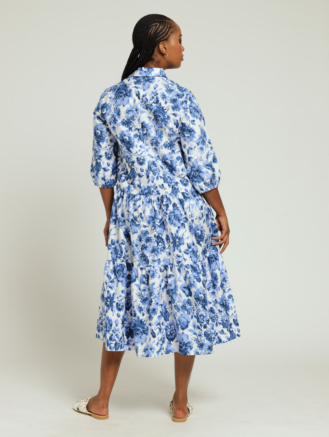 Tiered Button Down Shirt Dress - Blue