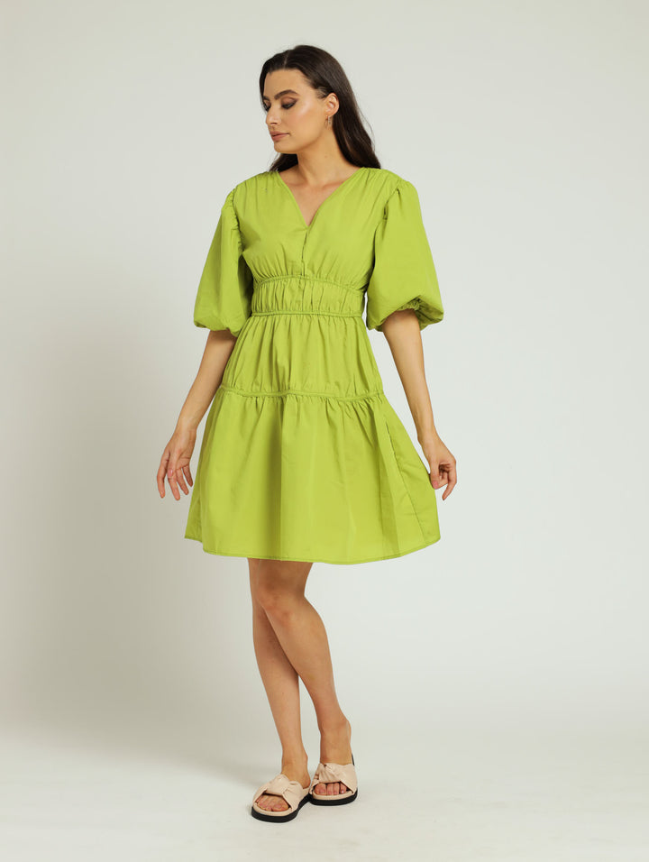 Bubble Sleeve Tiered Mini Dress - Lime