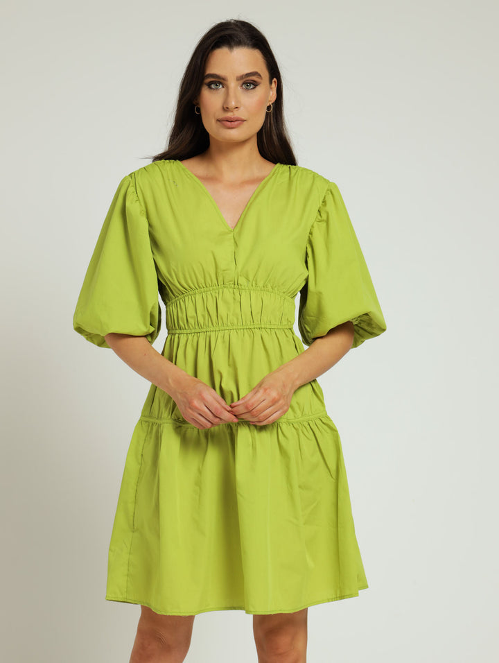 Bubble Sleeve Tiered Mini Dress - Lime