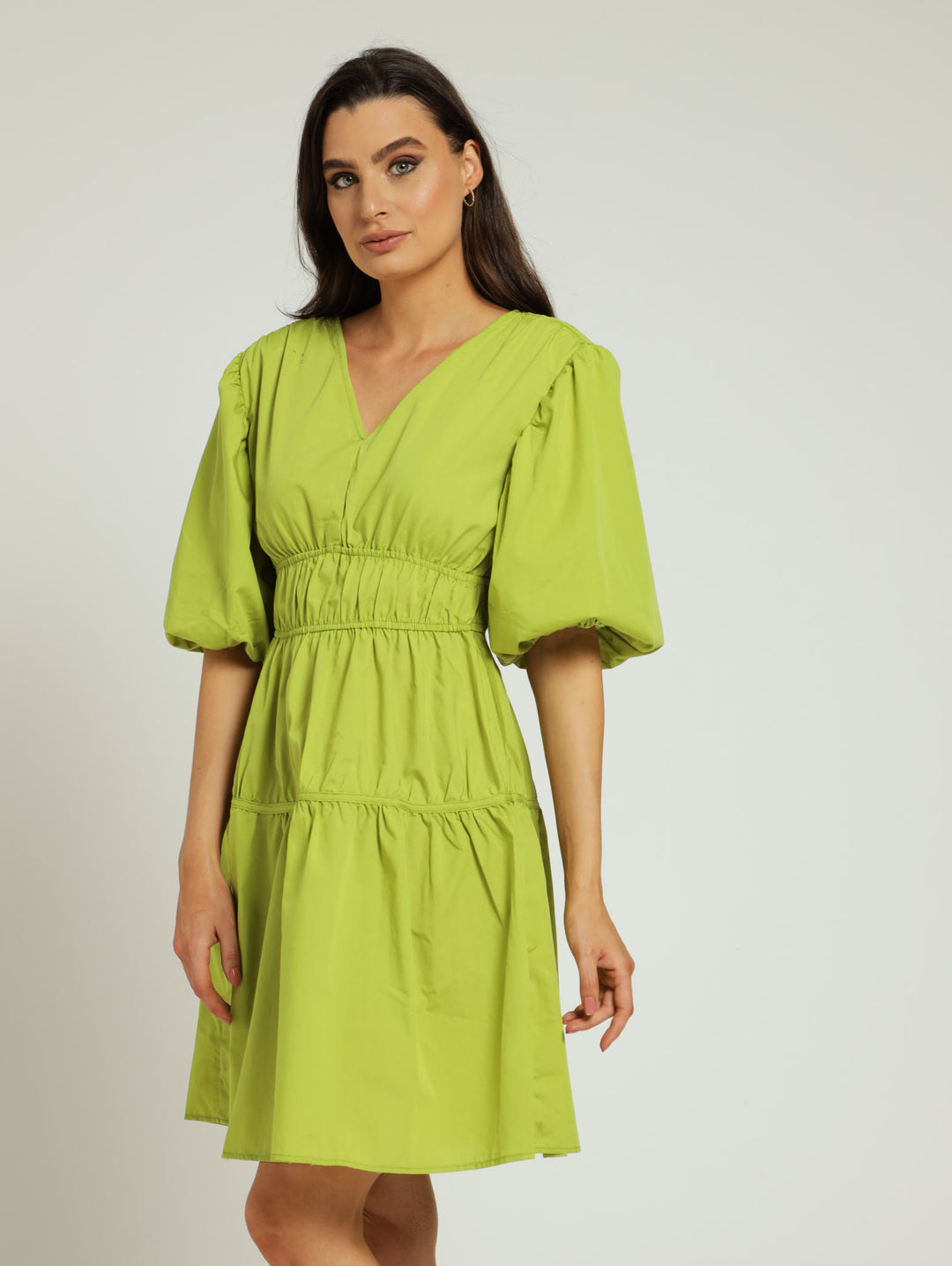 Bubble Sleeve Tiered Mini Dress - Lime