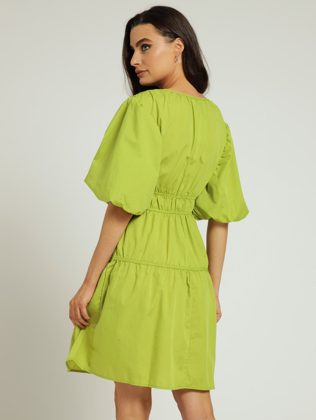 Bubble Sleeve Tiered Mini Dress - Lime