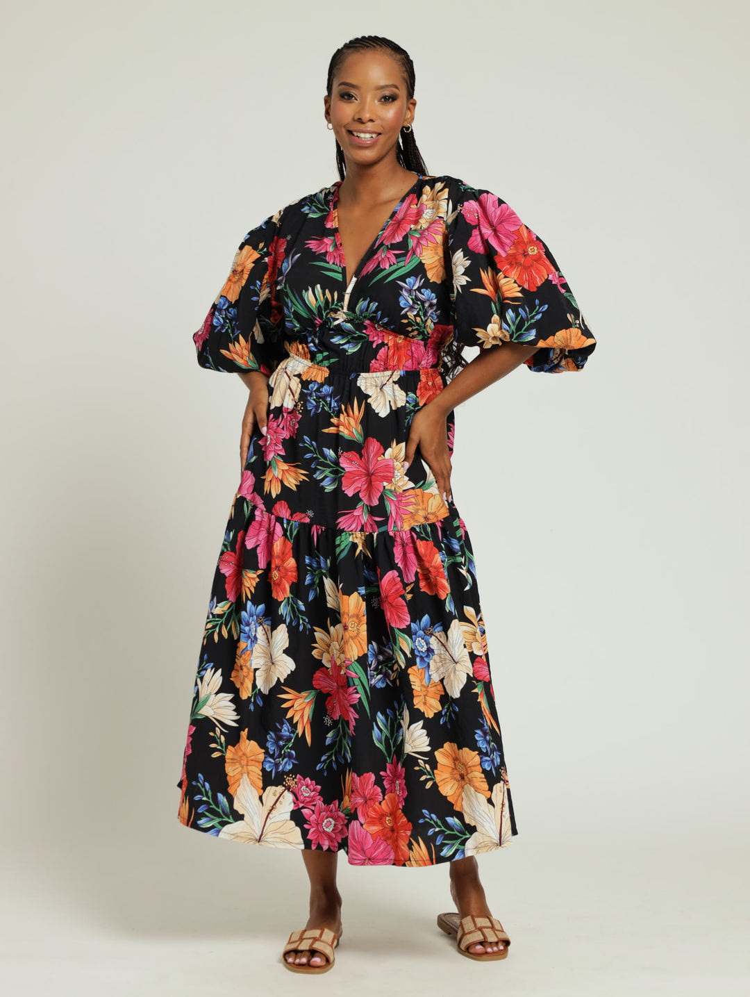 Bubble Sleeve V-Neck Tiered Floral Maxi Dress