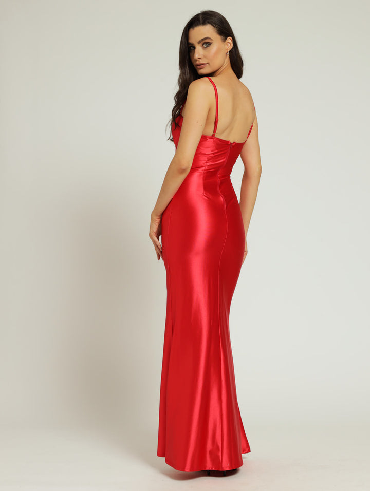 Shiny Caged Corset  Maxi Dress - Red