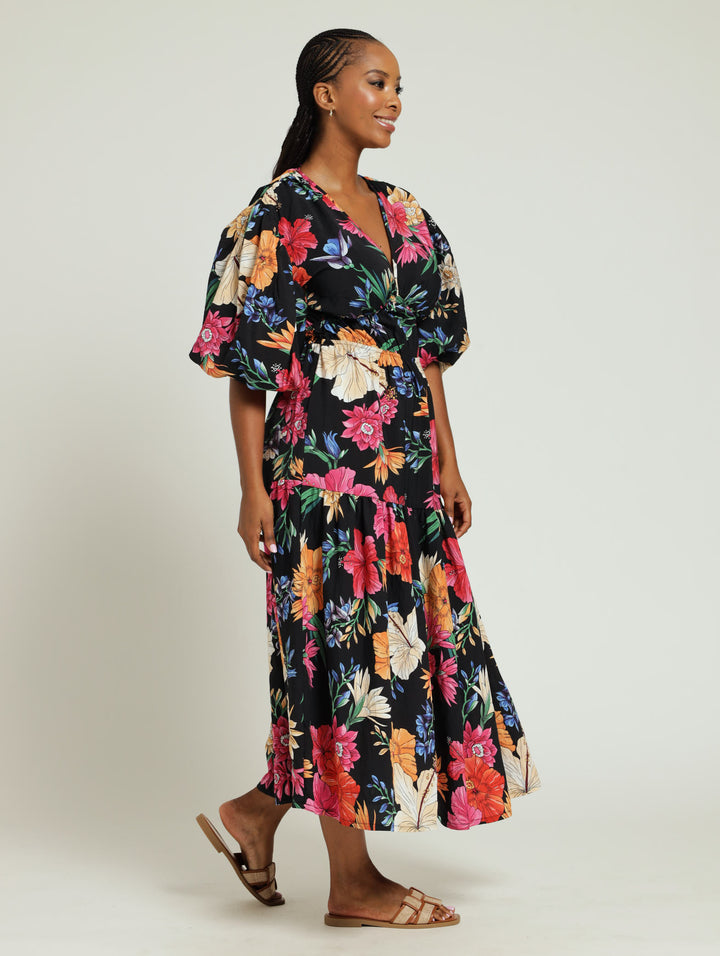 Bubble Sleeve V-Neck Tiered Floral Maxi Dress