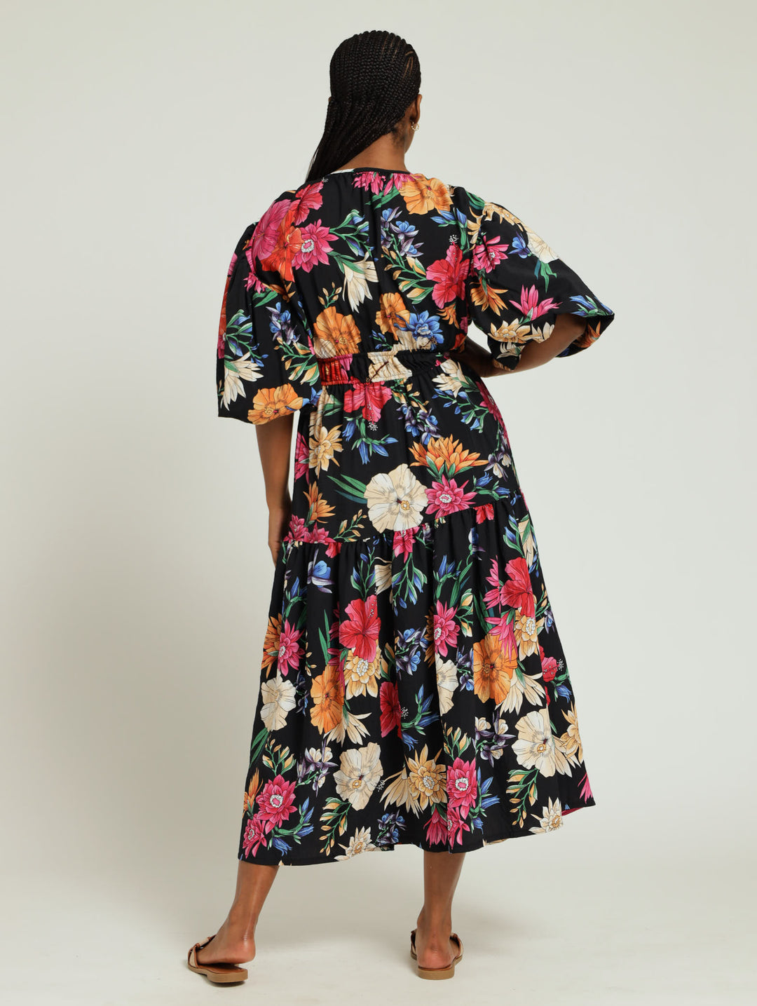 Bubble Sleeve V-Neck Tiered Floral Maxi Dress