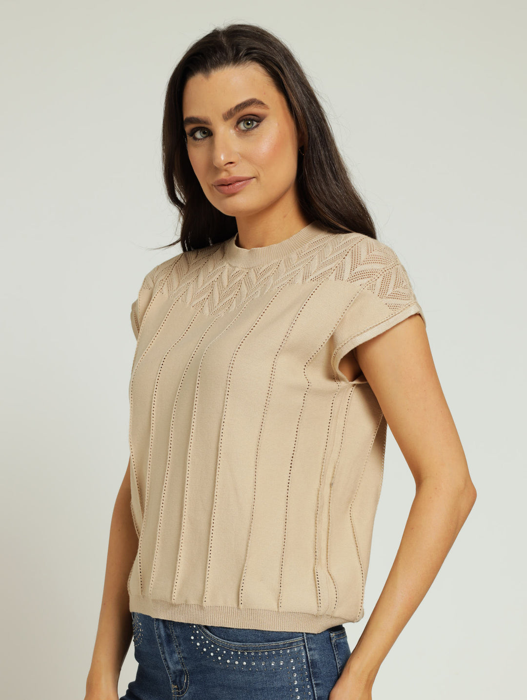 Pointelle Yoke Sweater - Sand Stone