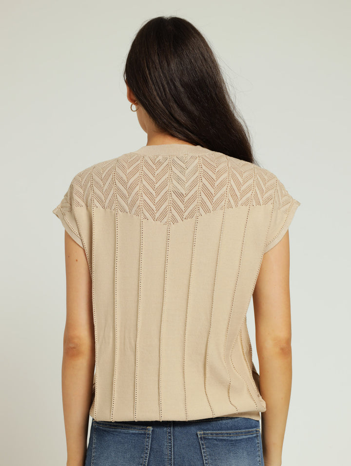 Pointelle Yoke Sweater - Sand Stone