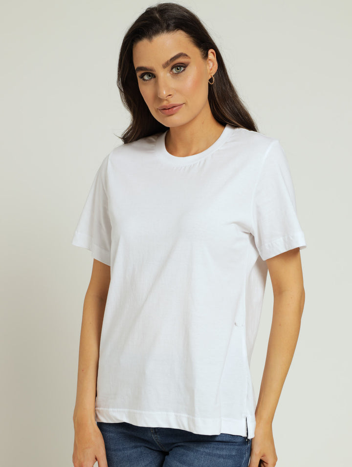 Cotton Boxy Tee With Rib Neck - White