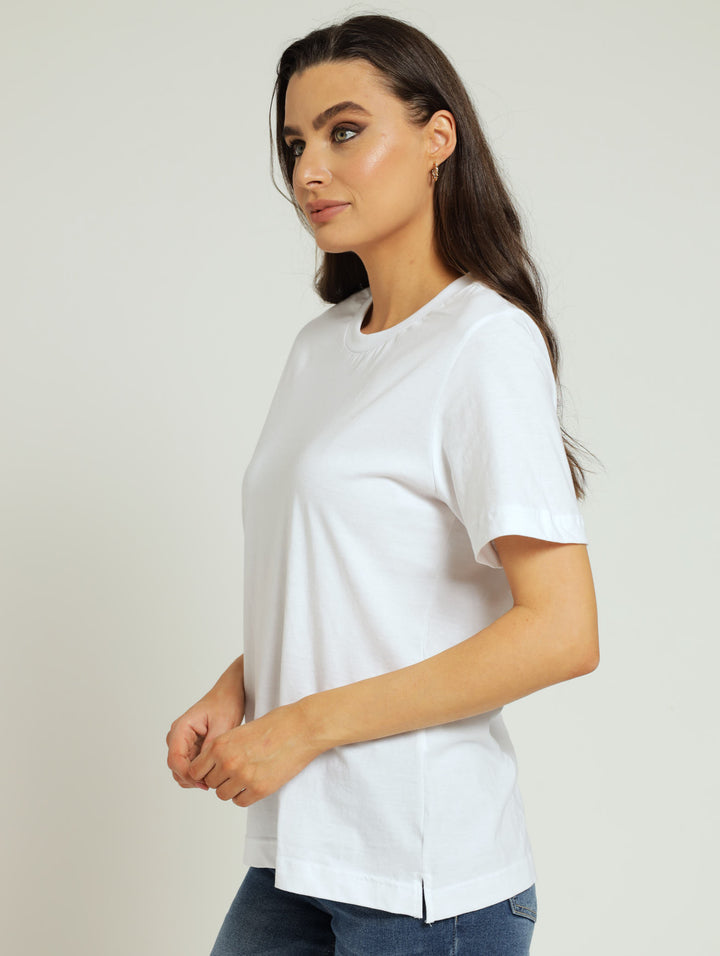 Cotton Boxy Tee With Rib Neck - White