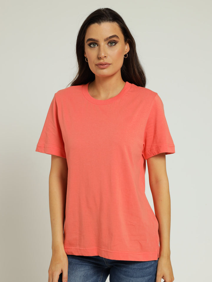 Boxy Tee With Rib Neck - Coral