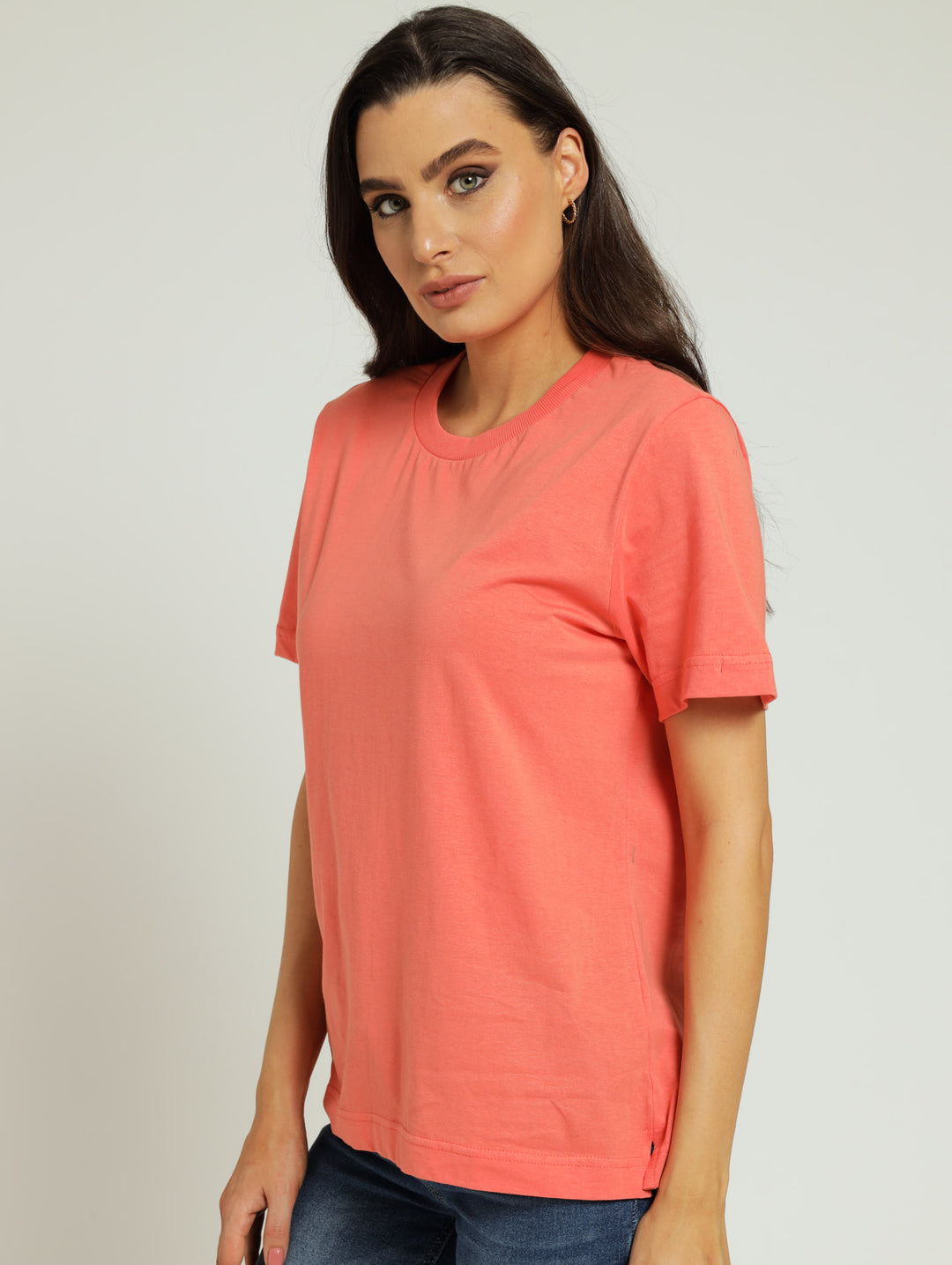 Boxy Tee With Rib Neck - Coral