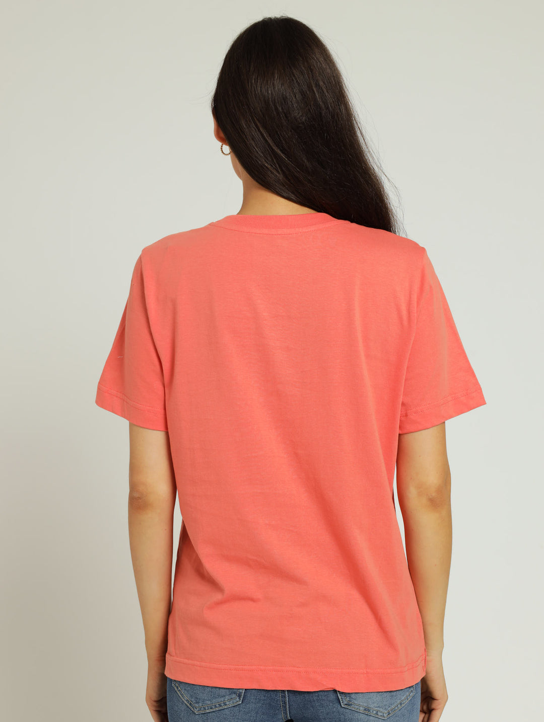 Boxy Tee With Rib Neck - Coral