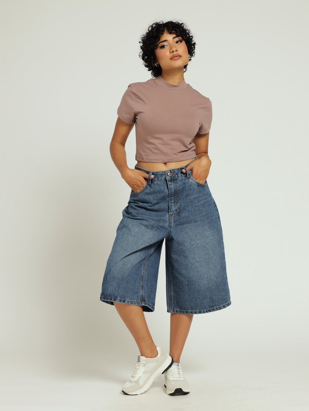 Wide Leg Bermuda Shorts - Mid Blue