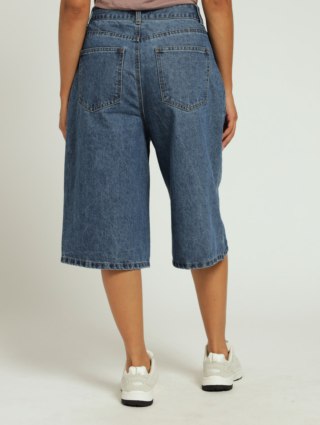 Wide Leg Bermuda Shorts - Mid Blue