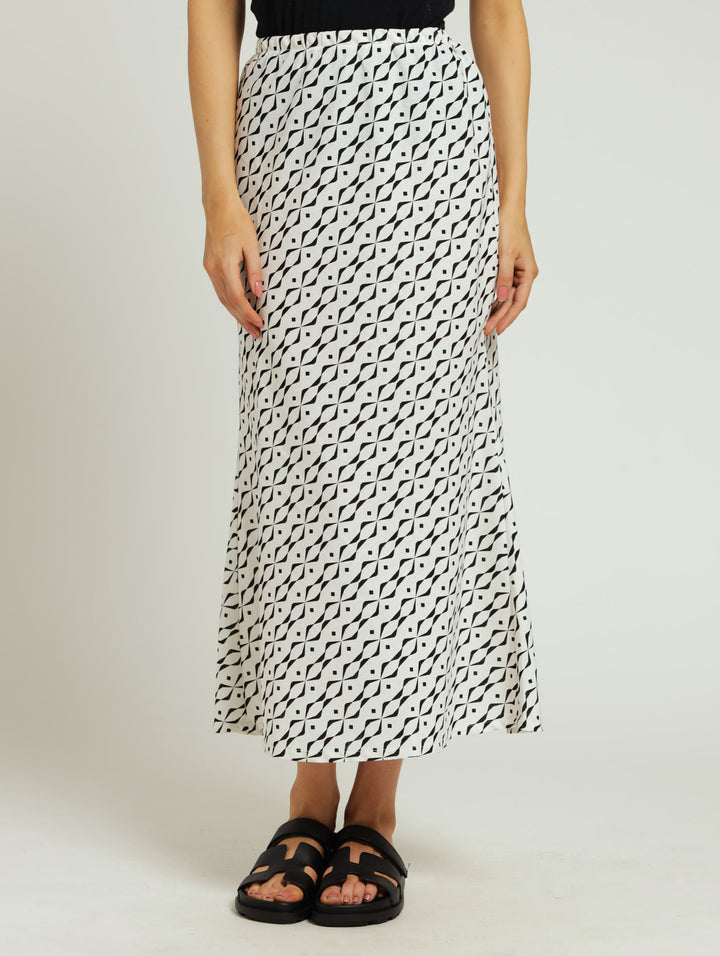 Pleated Bias Cut Linen Maxi Skirt - White/Black