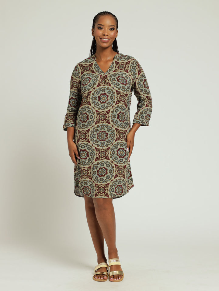 Three Quarter Sleeve Mandarin Pleat Front Shift Dress - Fatigue