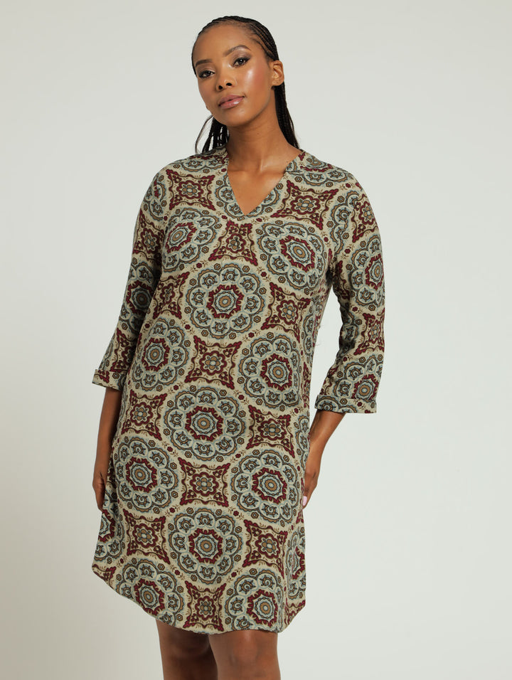 Three Quarter Sleeve Mandarin Pleat Front Shift Dress - Fatigue