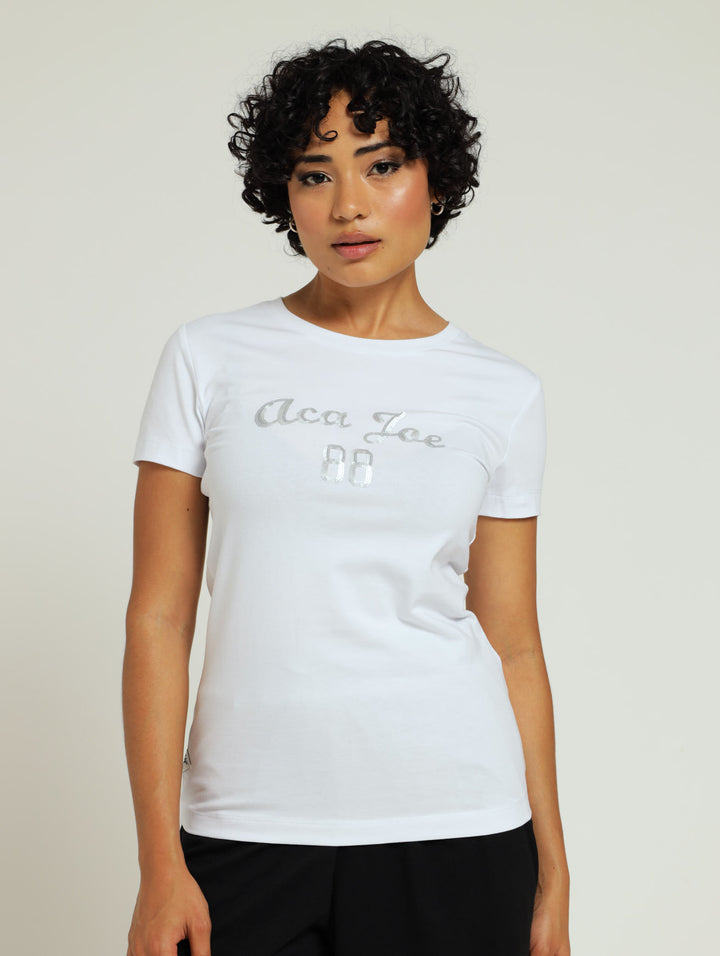 Cotton Lycra Silver Sequin Crew Tee - White