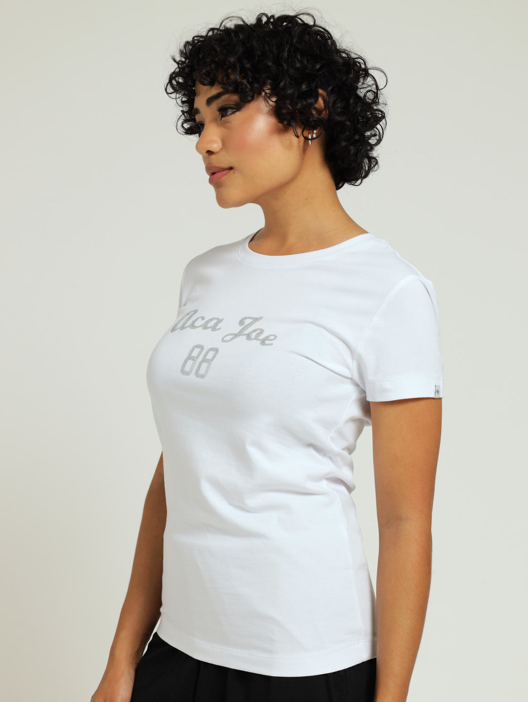 Cotton Lycra Silver Sequin Crew Tee - White