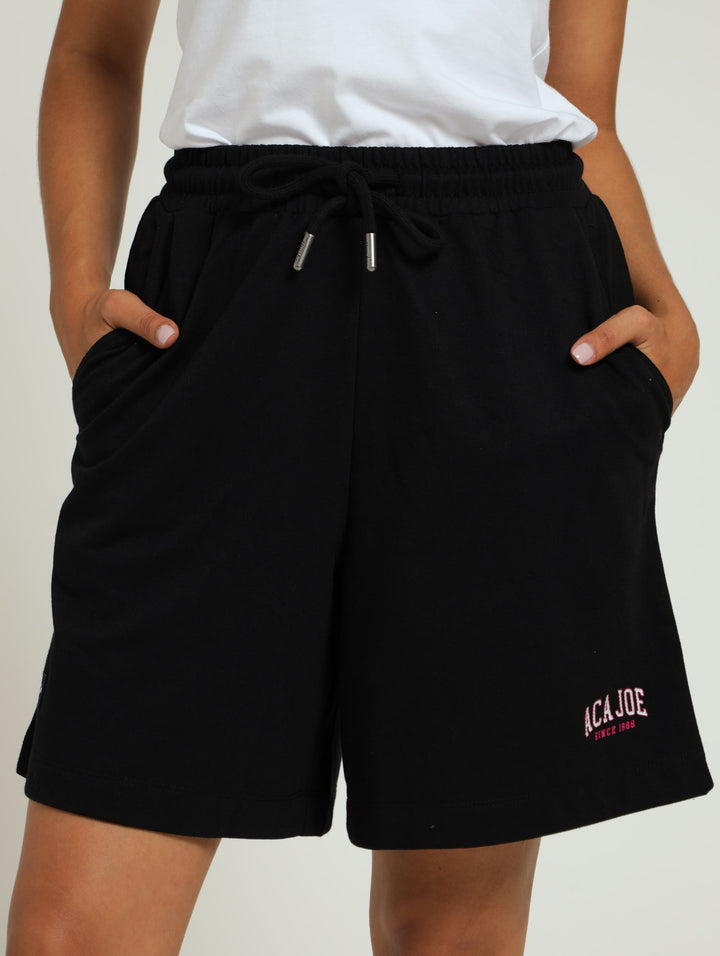 Unbrushed Fleece Baggy Embroidery  Shorts - Black