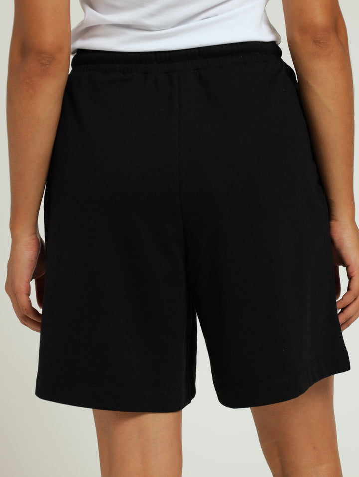 Unbrushed Fleece Baggy Embroidery  Shorts - Black