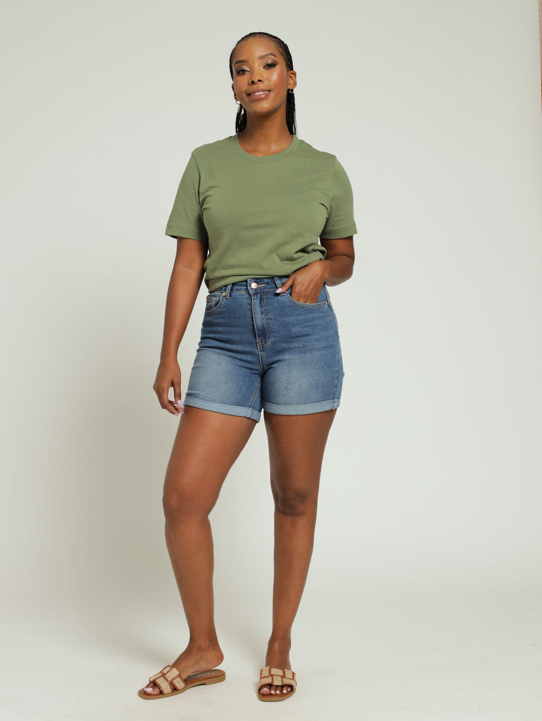 Roll Hem Mid Thigh Classic Denim Shorts - Medium Wash