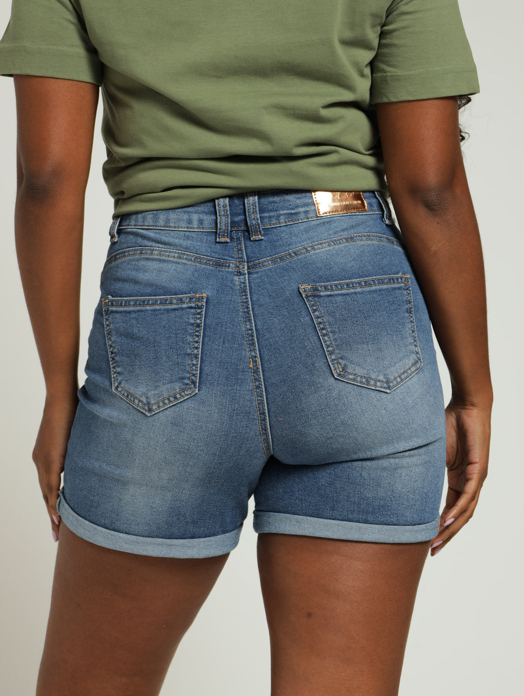 Roll Hem Mid Thigh Classic Denim Shorts - Medium Wash