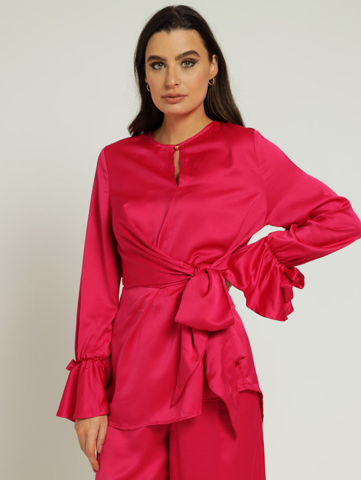 Keyhole Wrap Tie Up Blouse - Pink