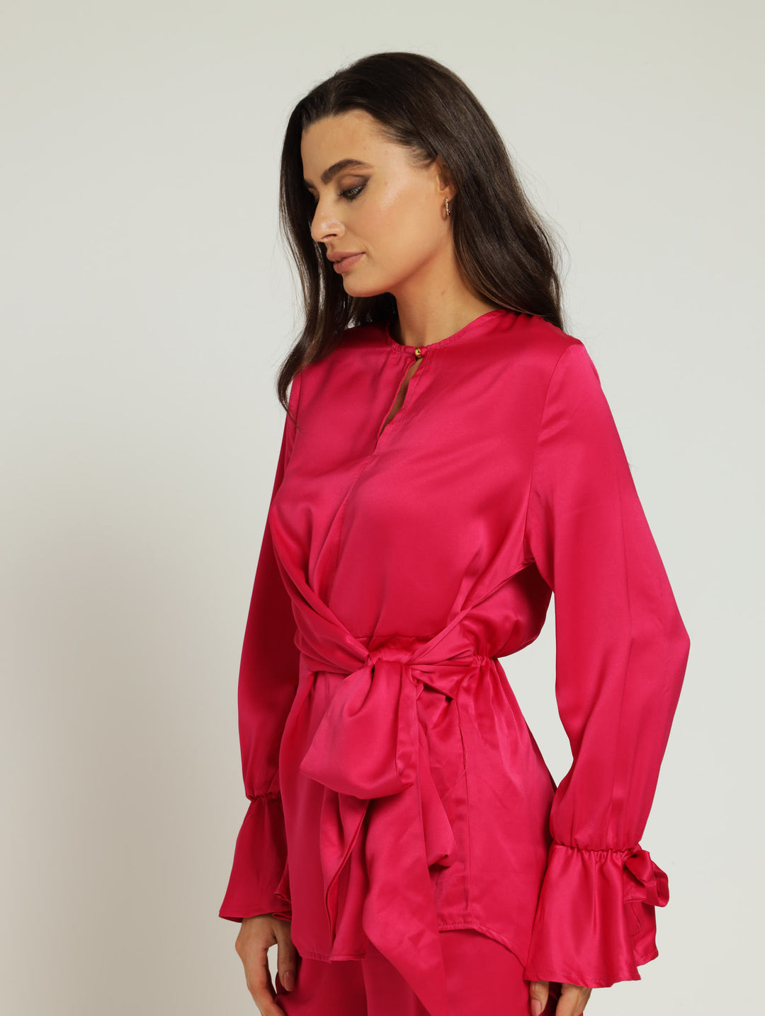 Keyhole Wrap Tie Up Blouse - Pink