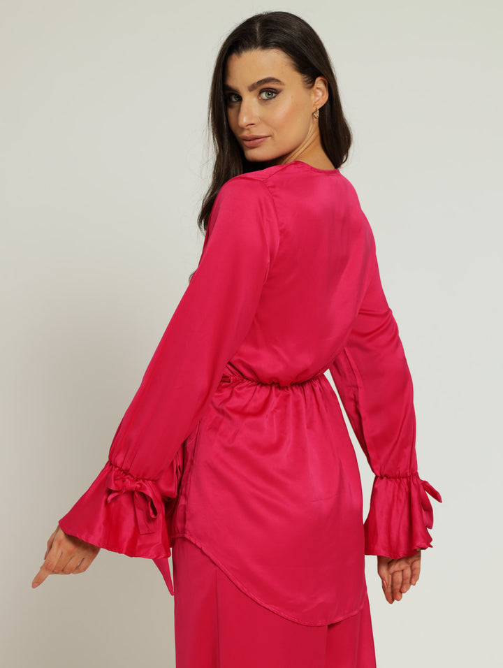 Keyhole Wrap Tie Up Blouse - Pink