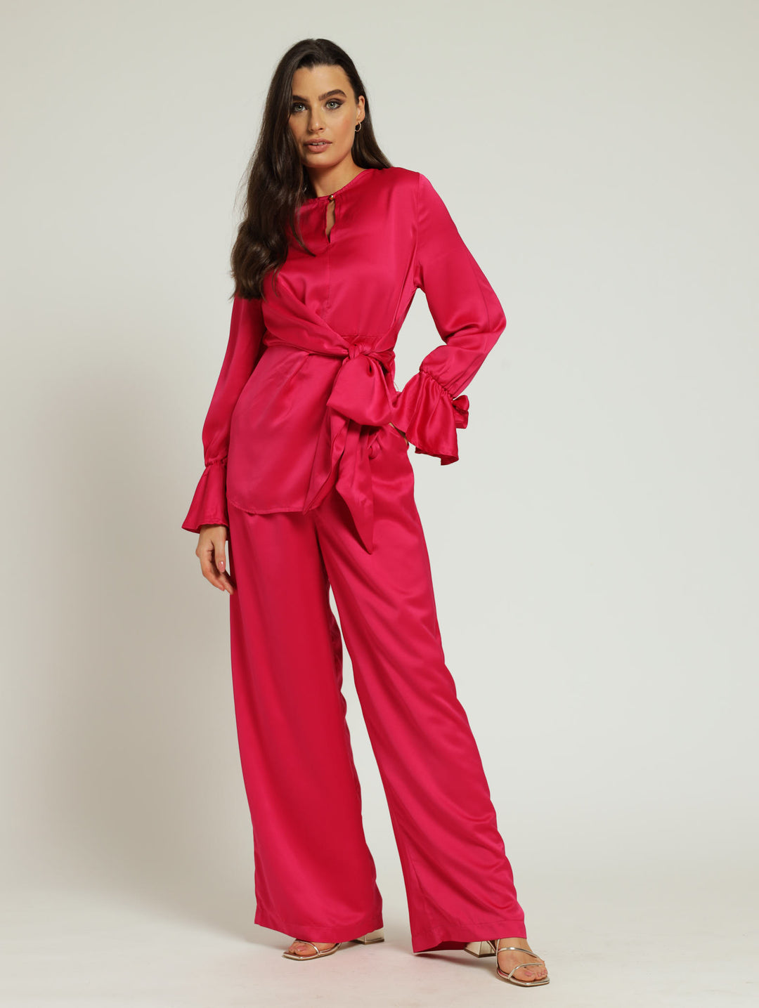 Straight Leg Satin Pants - Pink