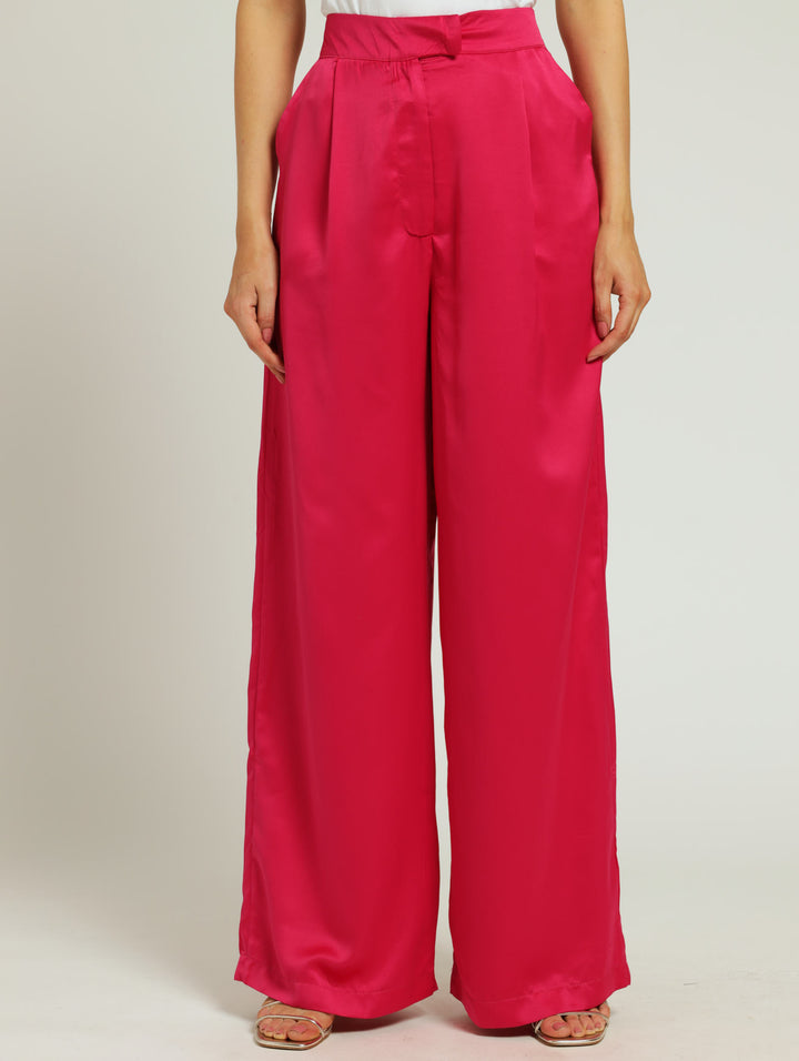 Straight Leg Satin Pants - Pink