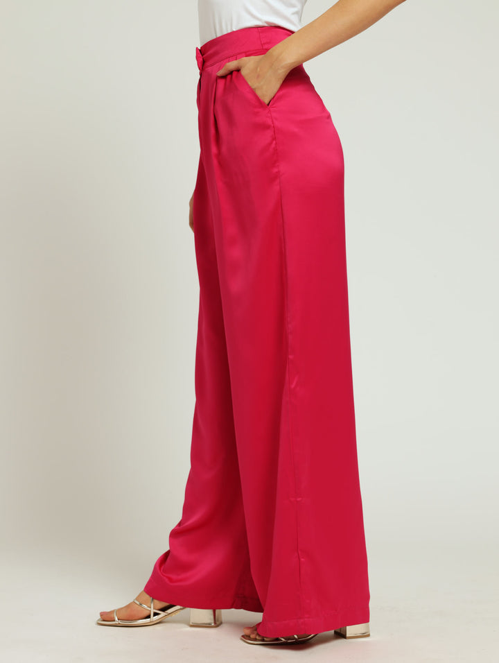 Straight Leg Satin Pants - Pink