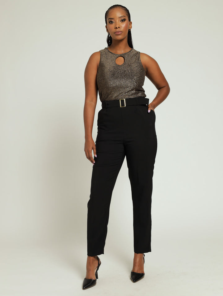 Square Buckle Belted Tapered Pants - Black