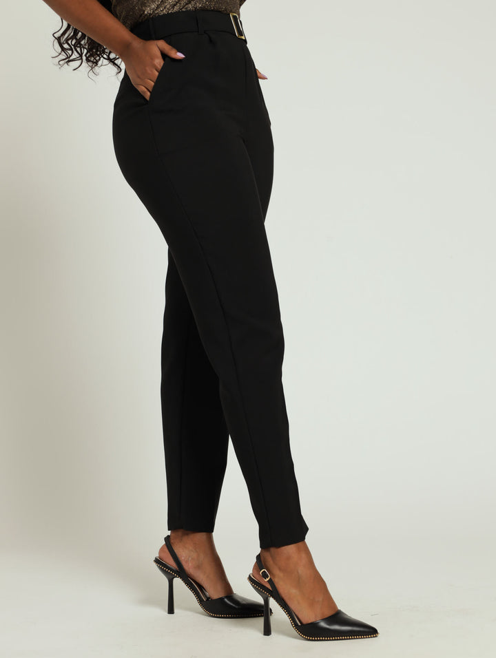 Square Buckle Belted Tapered Pants - Black