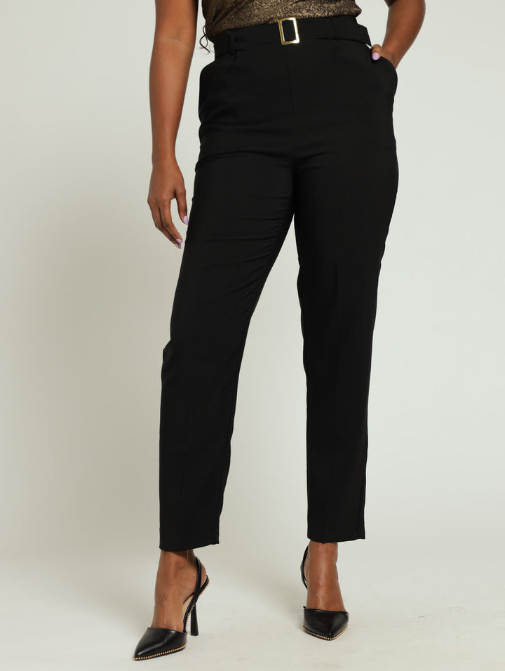 Square Buckle Belted Tapered Pants - Black