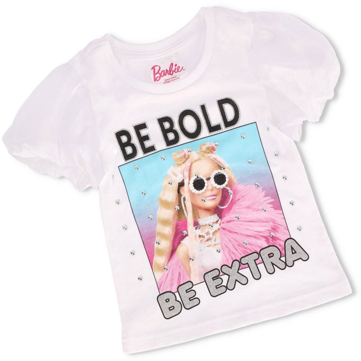 Pre-Girls Barbie Top With Organza Sleeves - White