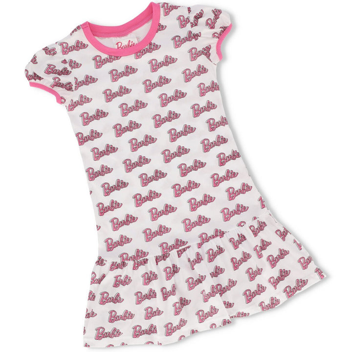 Pre-Girls Barbie All Over Print Dress With Frill Panel - Pink