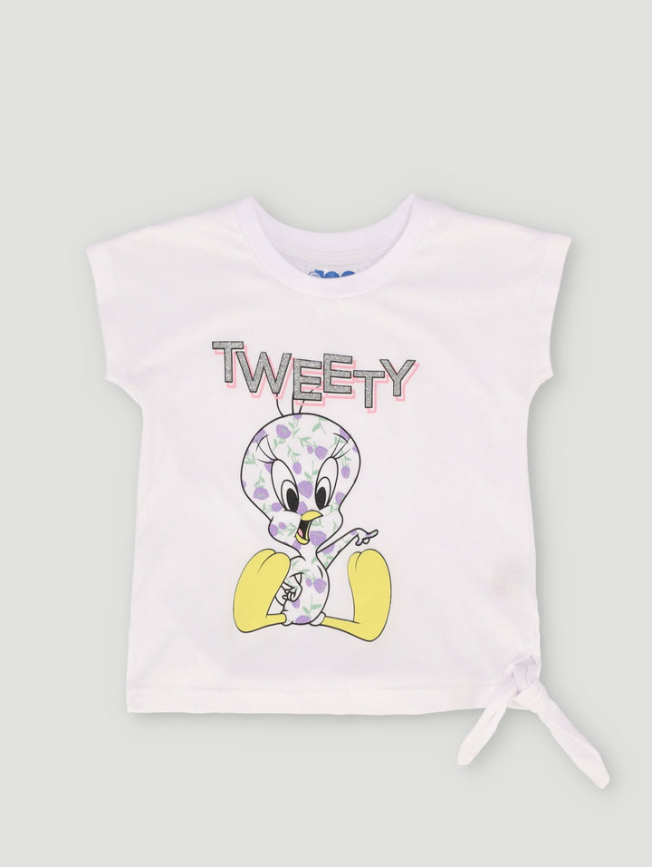 Pre-Girls Tweety Bird Tee With Side Tie - White