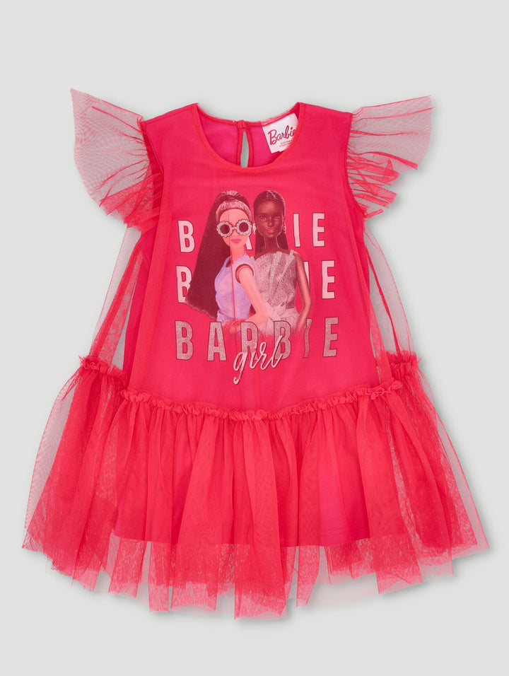 Pre-Girls Barbie Dress With Tulle Overlay - Pink