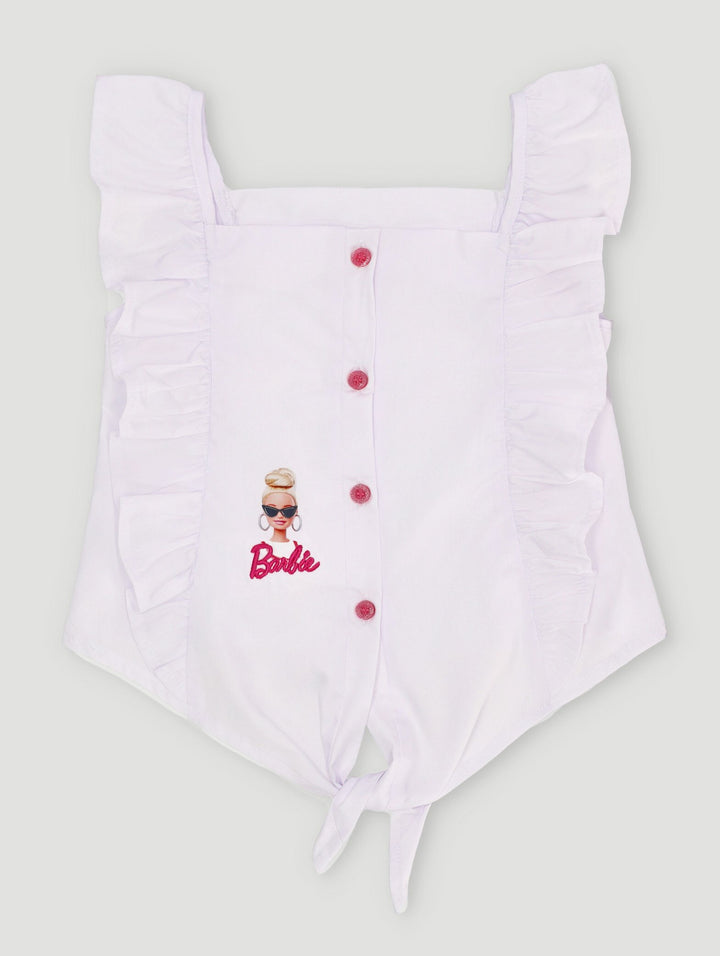 Pre-Girls Barbie Top With Embroidery - White