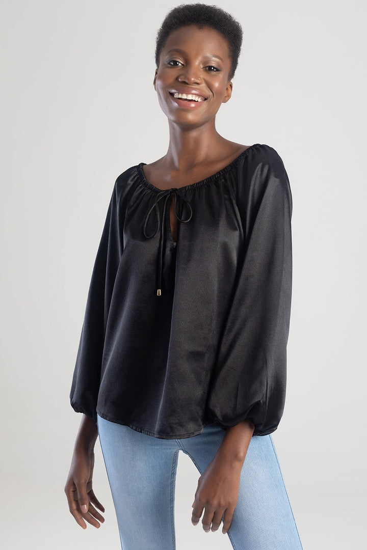 Blouse With Elasticated Neckline - Black