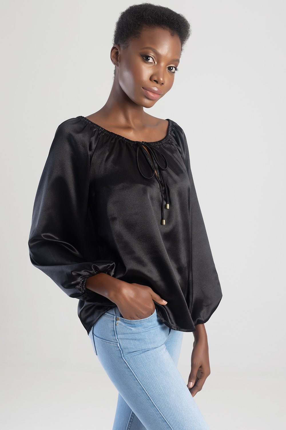 Blouse With Elasticated Neckline - Black