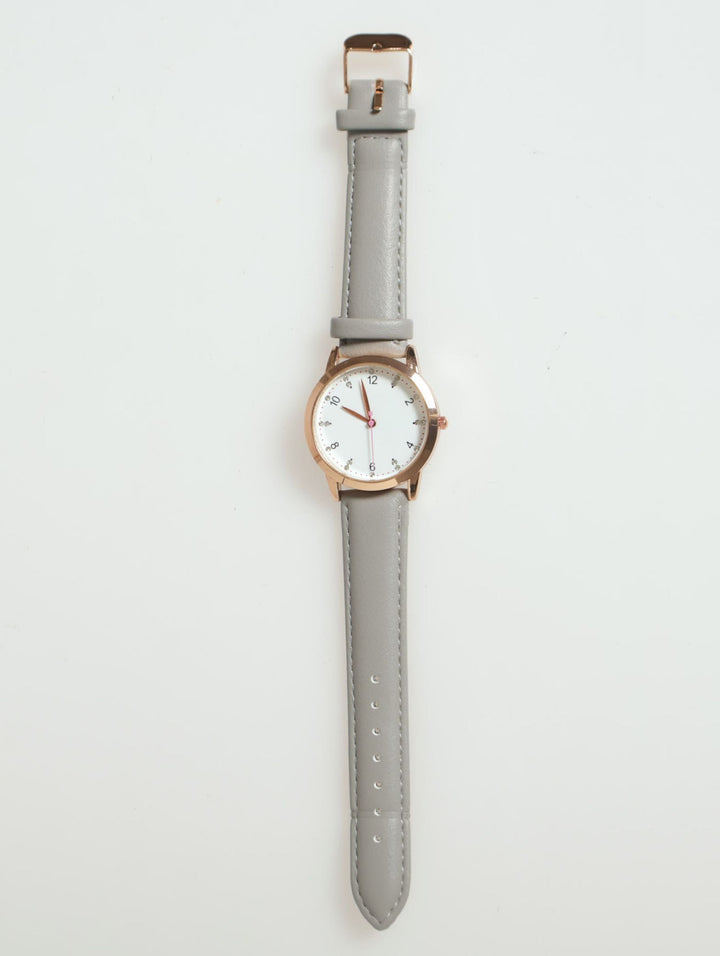 Round Face Watch With Grey Strap - Gold