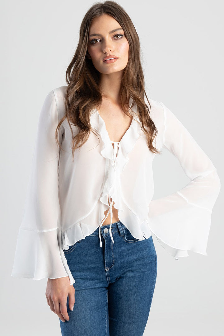 Romantic Front Tie Blouse With Frill Detail - Off White