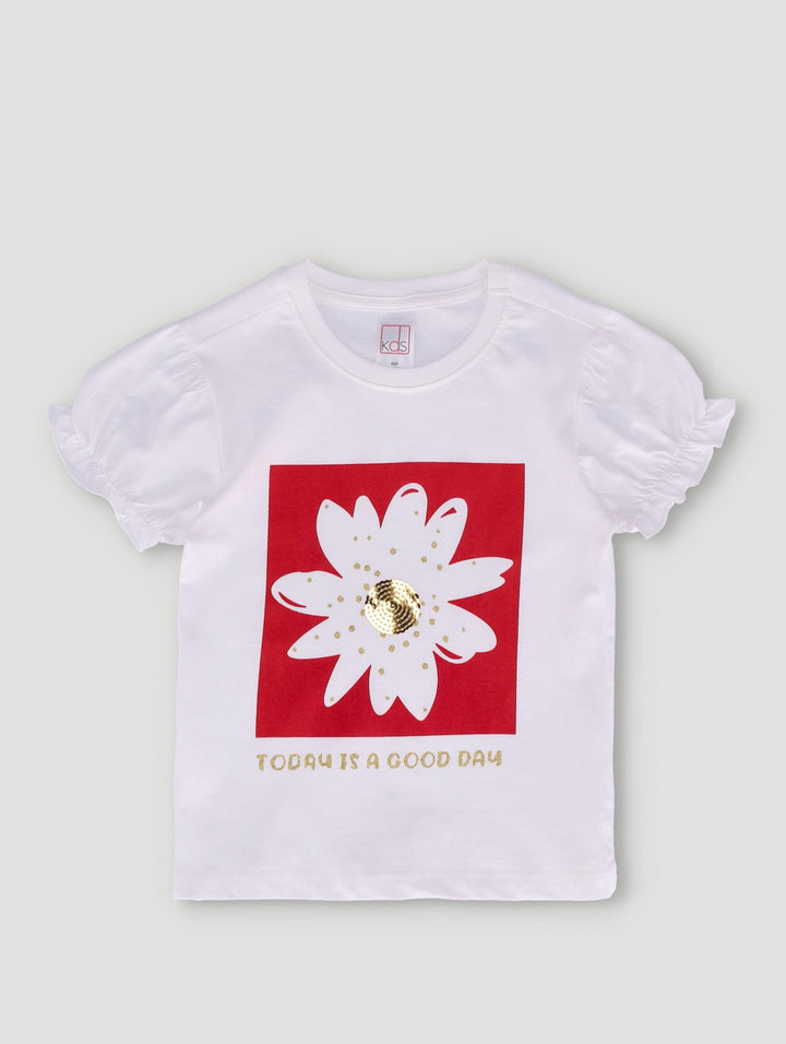 Pre-Girls Tee With Flower Sequin - White